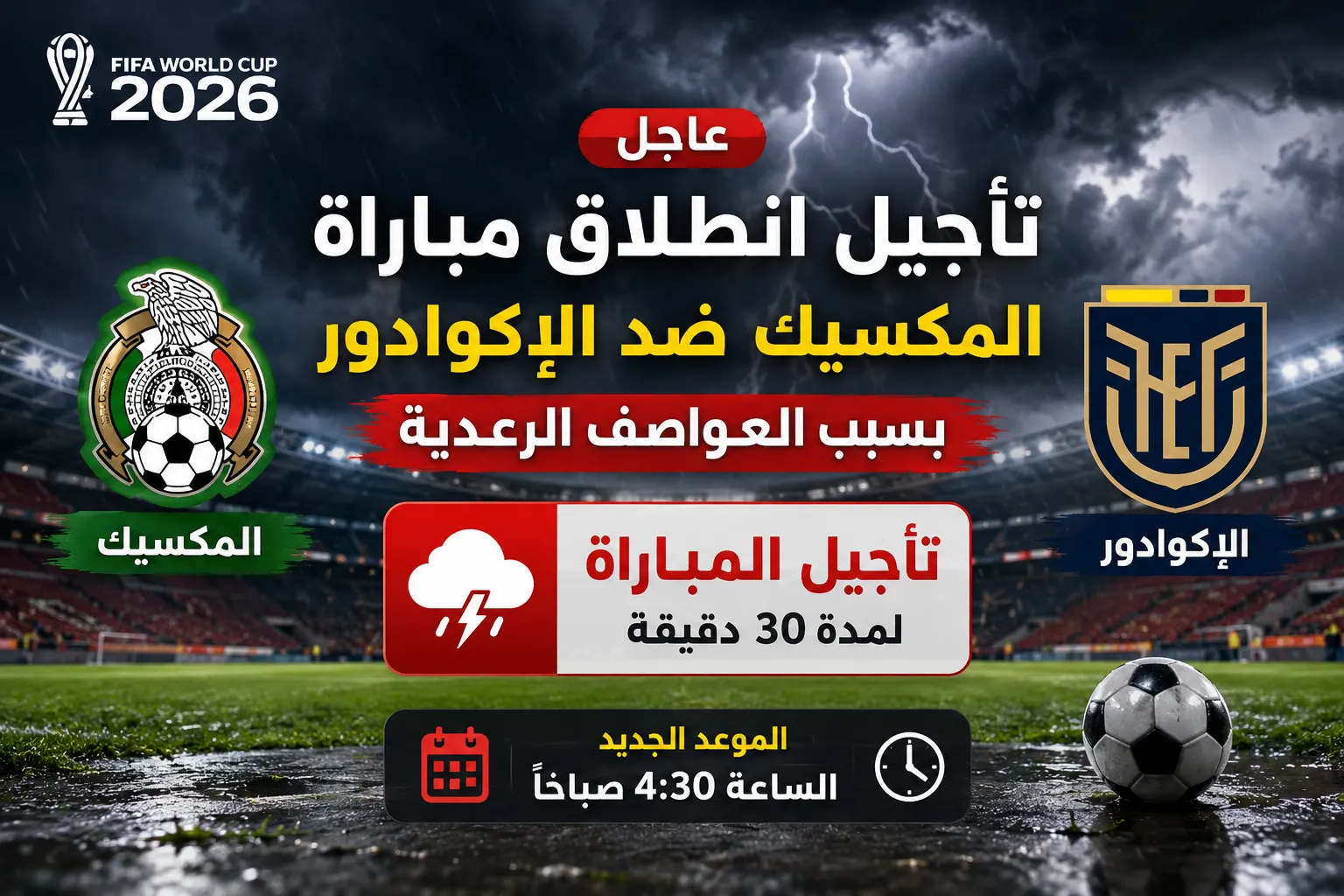 تأجيل انطلاق مباراة المكسيك ضد الإكوادور في كأس العالم 2026 بسبب العواصف الرعدية.. الموعد الجديد وتفاصيل القرار الرسمي