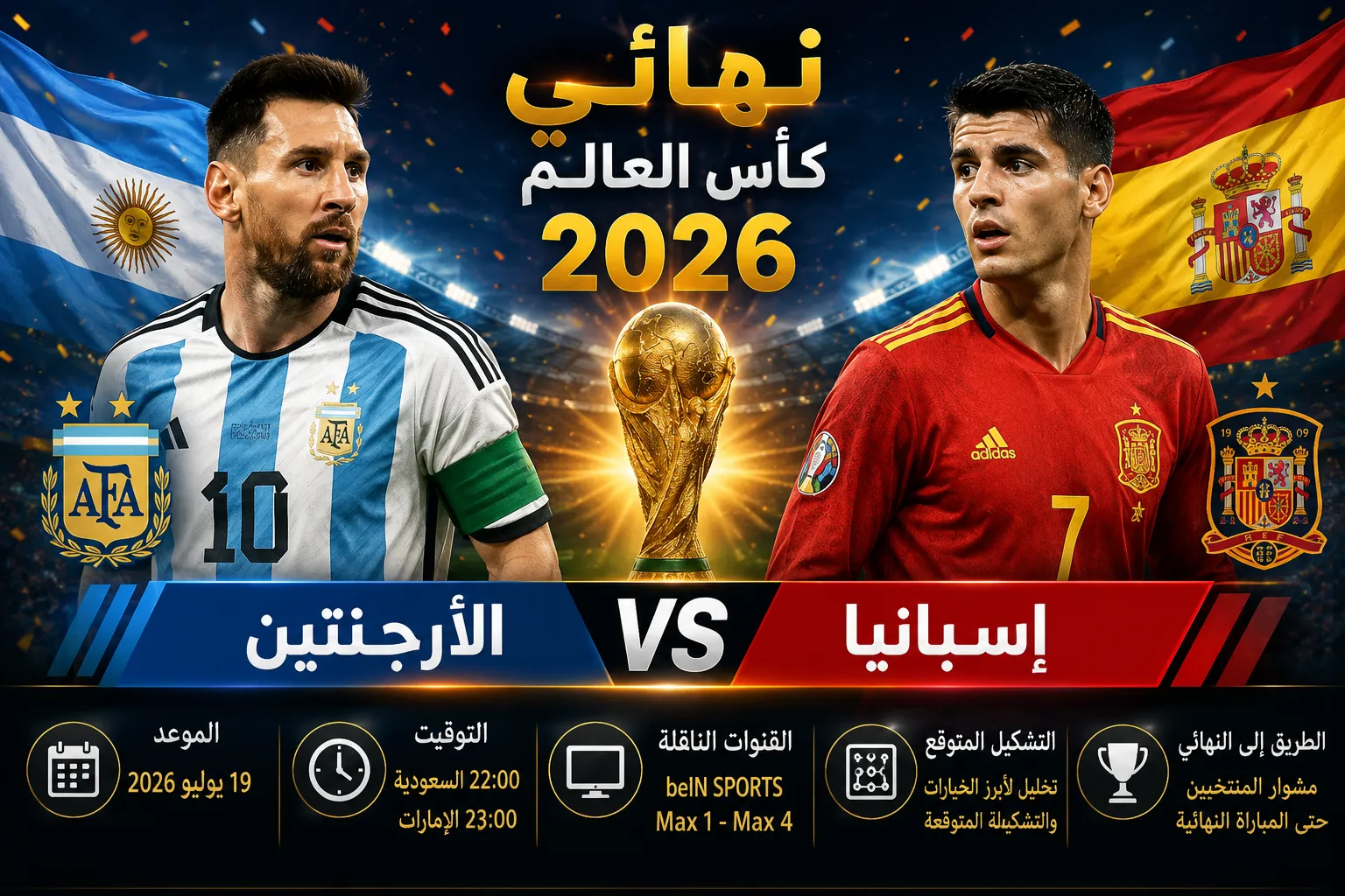 نهائي كأس العالم 2026.. موعد مباراة الأرجنتين وإسبانيا والقنوات الناقلة والتشكيل المتوقع والطريق إلى النهائي