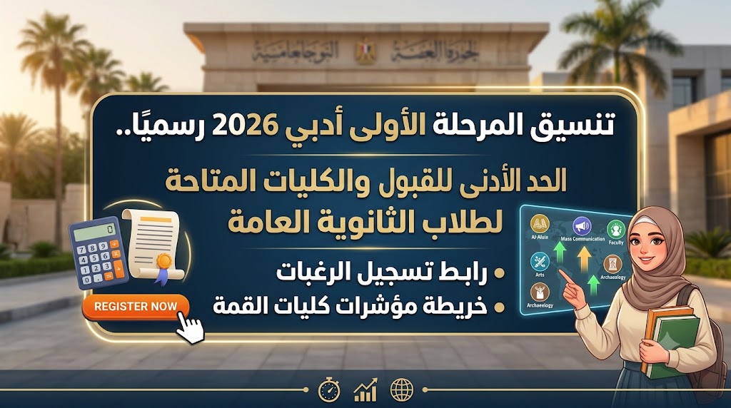 تنسيق المرحلة الأولى أدبي 2026 رسميًا.. الحد الأدنى للقبول والكليات المتاحة لطلاب الثانوية العامة ورابط تسجيل الرغبات وخريطة مؤشرات كليات القمة