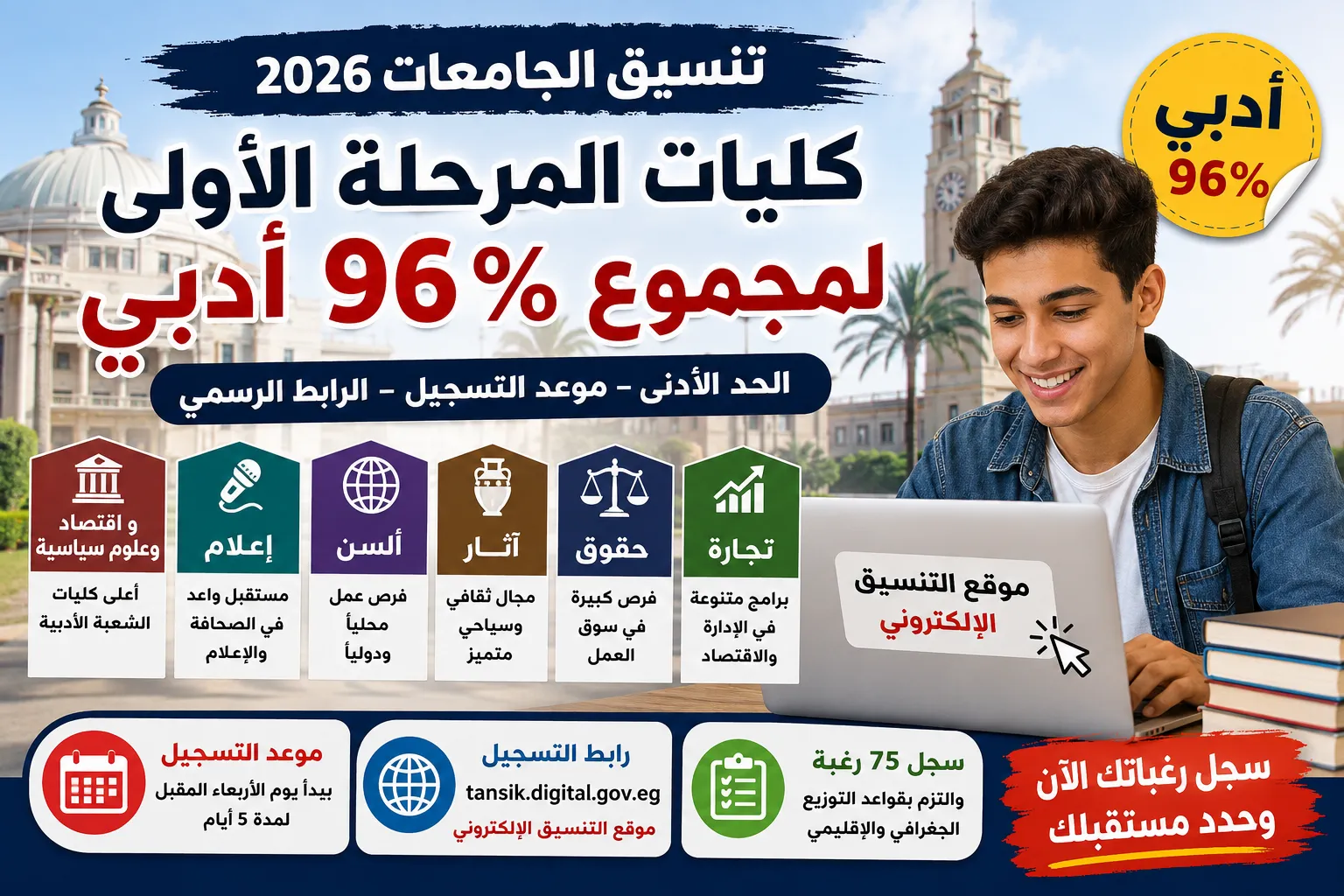 كليات تقبل من مجموع 96% أدبي في تنسيق المرحلة الأولى 2026.. القائمة الكاملة للكليات المتاحة وموعد تسجيل الرغبات والرابط الرسمي للتنسيق الإلكتروني