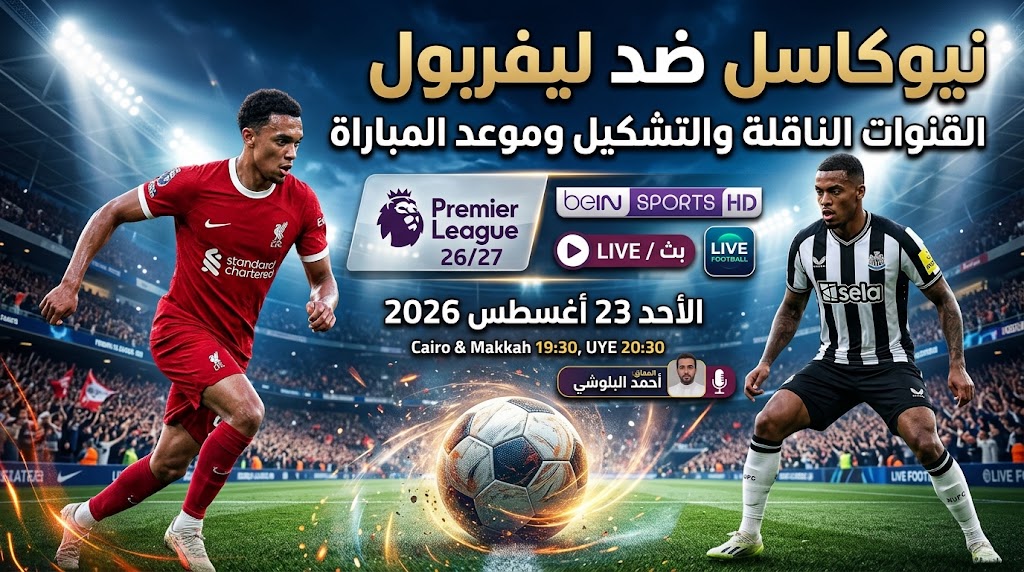 القنوات الناقلة لمباراة نيوكاسل وليفربول اليوم الأحد 23 أغسطس 2026 في الدوري الإنجليزي.. الموعد والتشكيل وطريقة مشاهدة البث المباشر