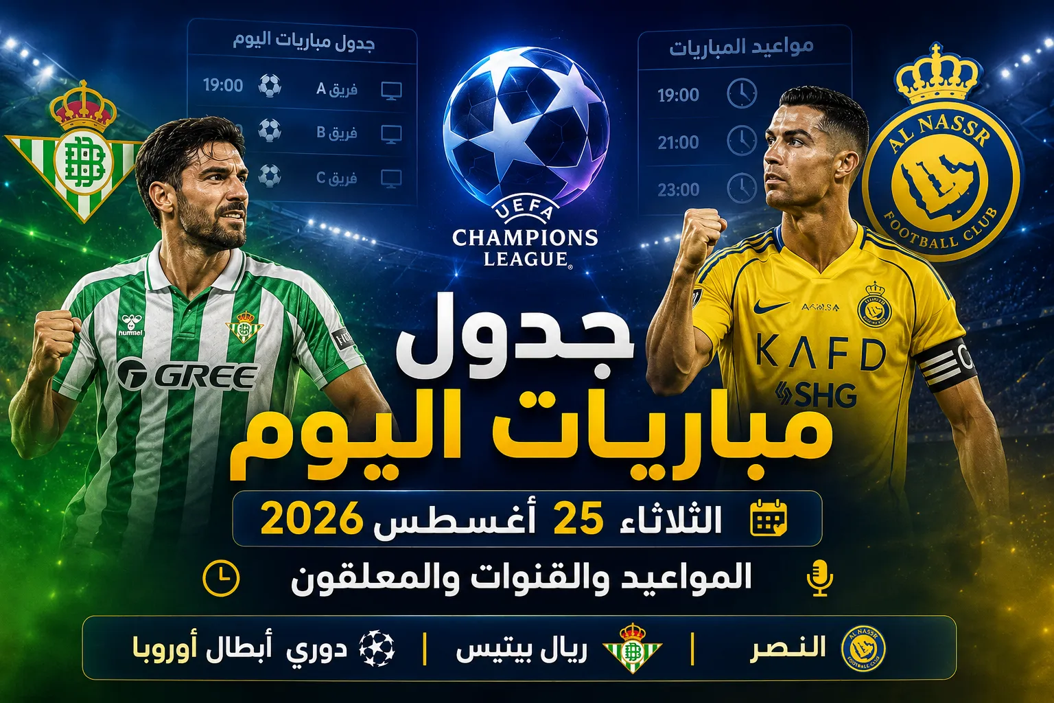 جدول مباريات اليوم الثلاثاء 25 أغسطس 2026.. مواعيد والقنوات الناقلة والمعلقين لمباريات النصر وريال بيتيس ودوري أبطال أوروبا