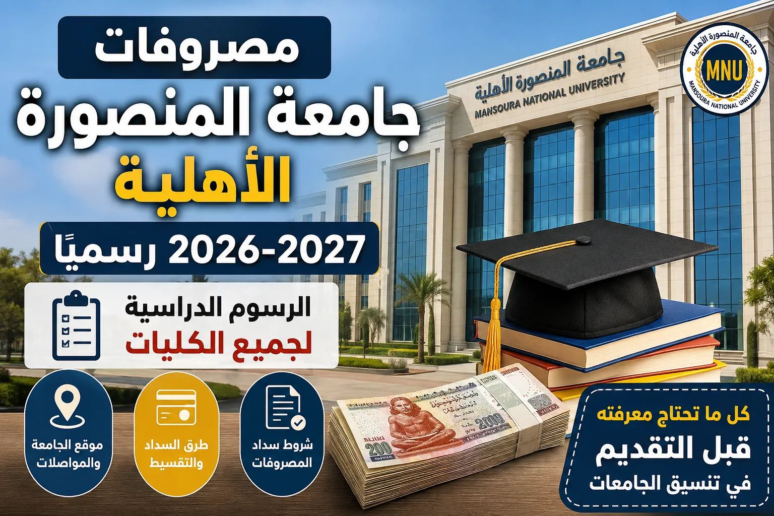 مصروفات جامعة المنصورة الأهلية 2026-2027 رسميًا.. الرسوم الدراسية لجميع الكليات وموقع الجامعة وشروط سداد المصروفات