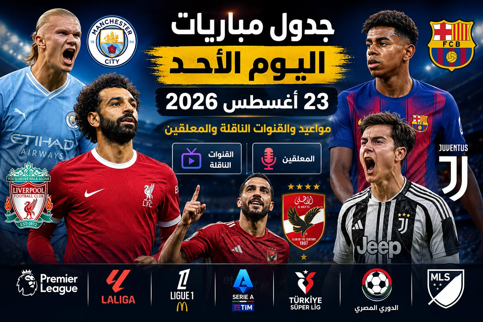 جدول مباريات اليوم الأحد 23 أغسطس 2026.. مواعيد والقنوات الناقلة والمعلقين لمباريات الأهلي وبرشلونة ومانشستر سيتي وليفربول ويوفنتوس