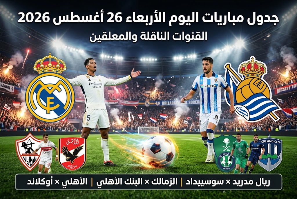 جدول مباريات اليوم الأربعاء 26 أغسطس 2026 والقنوات الناقلة والمعلقين.. ريال مدريد ضد سوسييداد والزمالك أمام البنك الأهلي ومواجهة الأهلي وأوكلاند