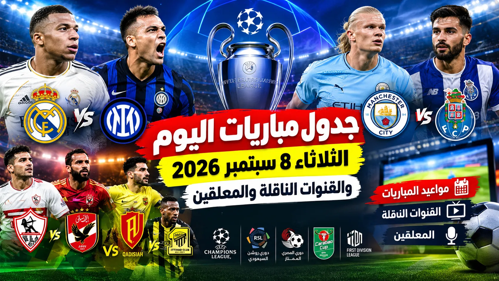 جدول مباريات اليوم الثلاثاء 8 سبتمبر 2026 والقنوات الناقلة والمعلقين.. مواعيد ريال مدريد ضد إنتر ومانشستر سيتي والقادسية والأهلي والزمالك والاتحاد