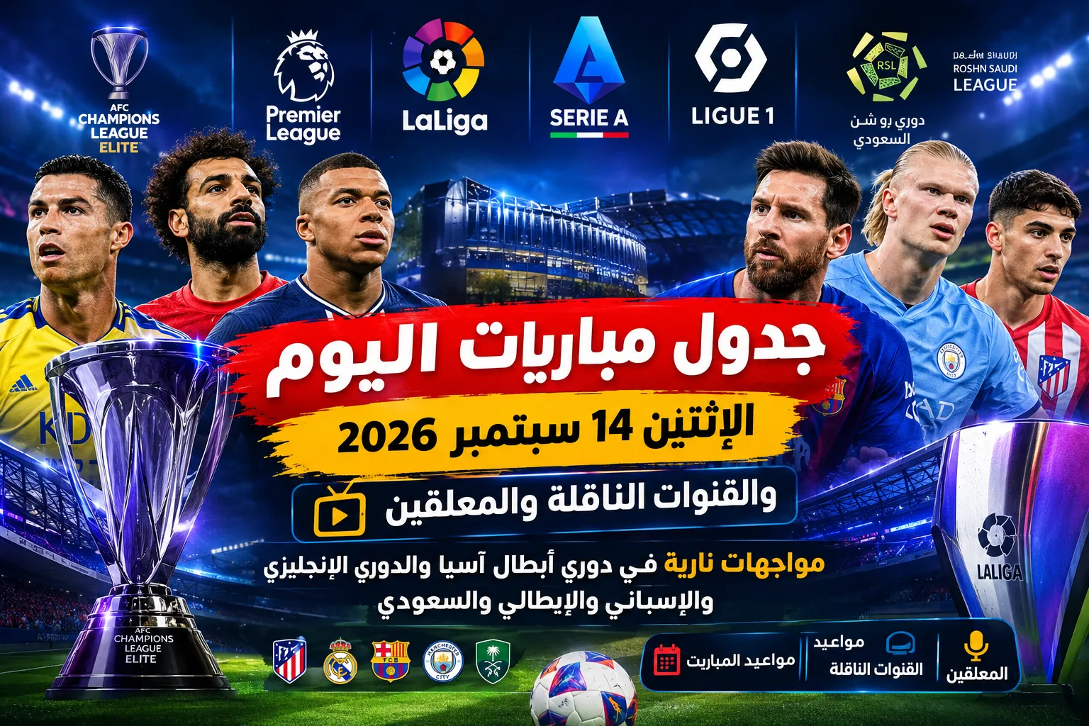 جدول مباريات اليوم الإثنين 14 سبتمبر 2026 والقنوات الناقلة والمعلقين.. مواجهات نارية في دوري أبطال آسيا والدوري الإنجليزي والإسباني والإيطالي والسعودي