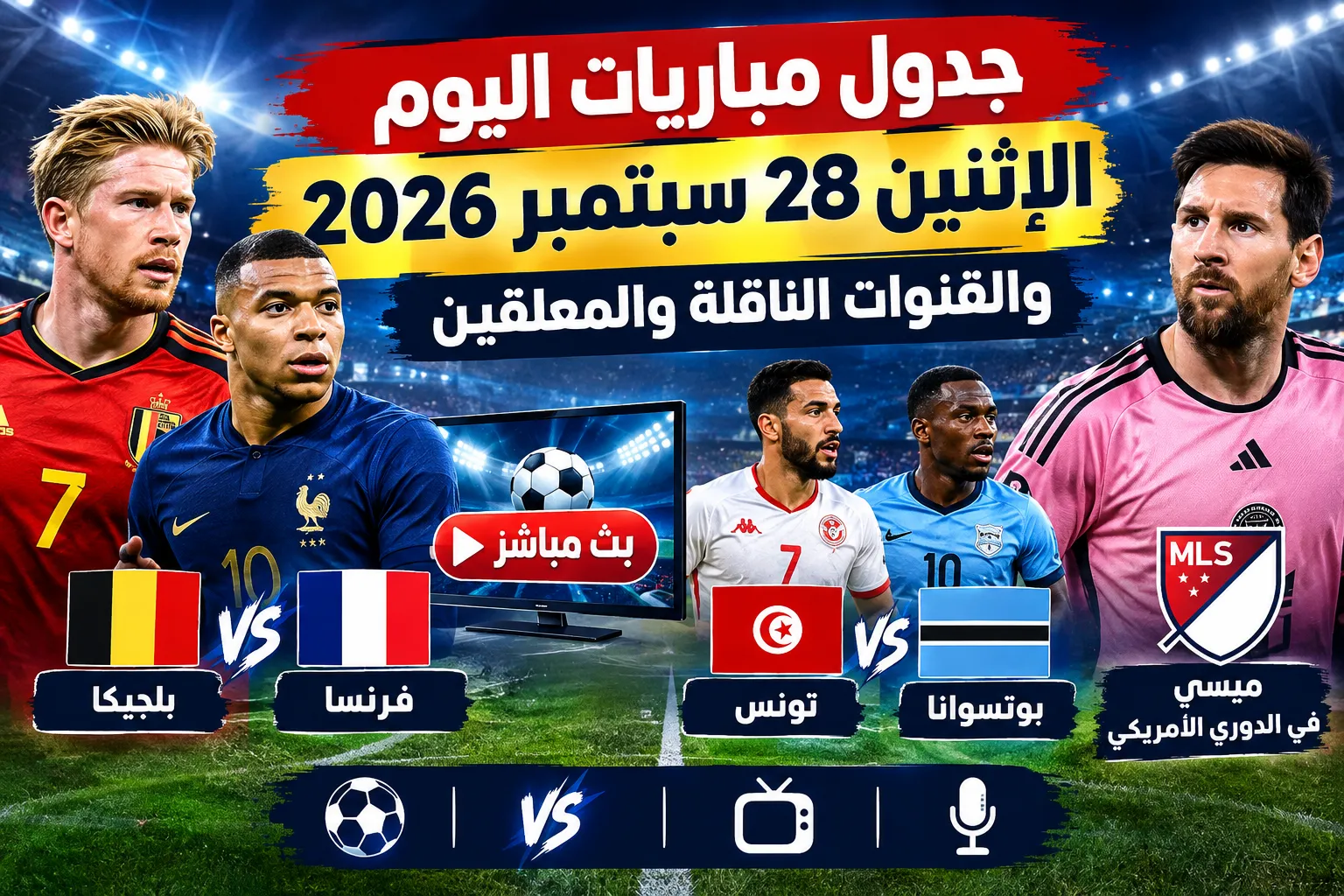 جدول مباريات اليوم الإثنين 28 سبتمبر 2026 والقنوات الناقلة والمعلقين.. قمة بلجيكا وفرنسا ومواجهة تونس وبوتسوانا ولقاء ميسي في الدوري الأمريكي
