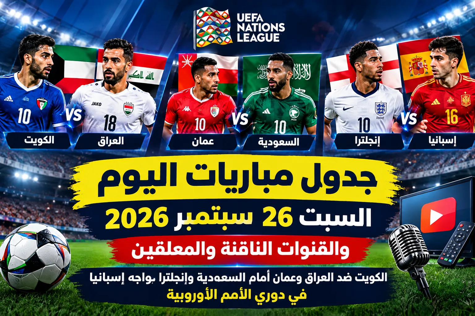 جدول مباريات اليوم السبت 26 سبتمبر 2026 والقنوات الناقلة والمعلقين.. الكويت ضد العراق وعمان أمام السعودية وإنجلترا تواجه إسبانيا في دوري الأمم الأوروبية
