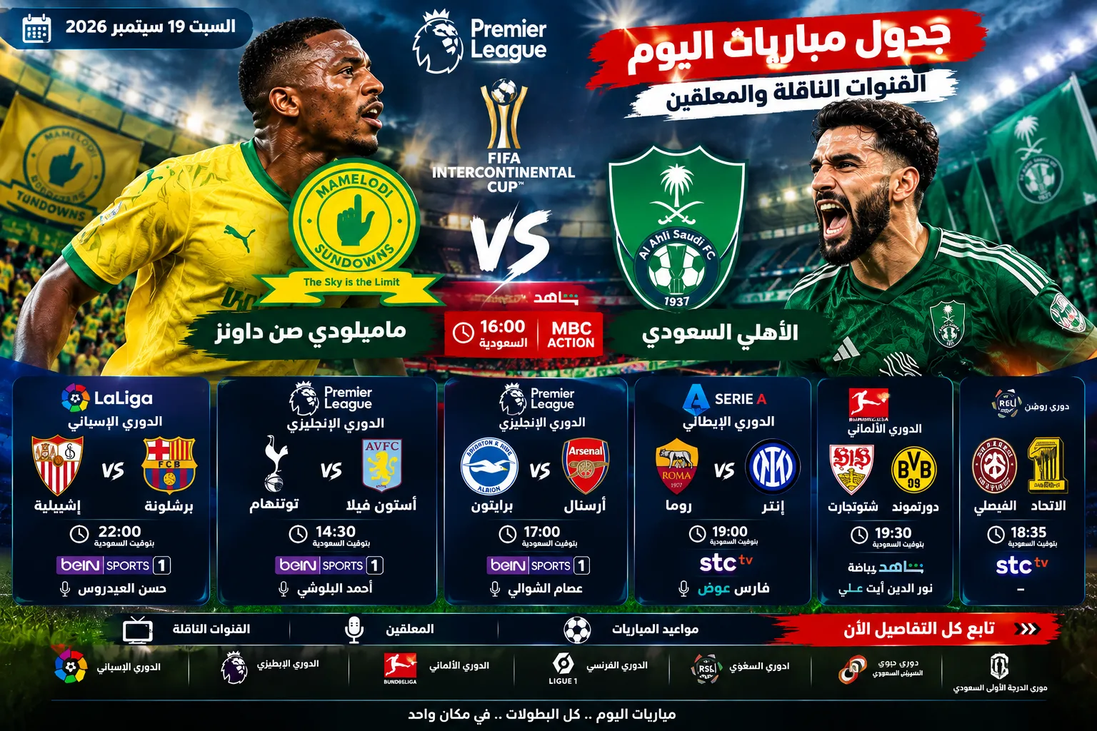جدول مباريات اليوم السبت 19 سبتمبر 2026 والقنوات الناقلة والمعلقين.. الأهلي ضد صن داونز وبرشلونة مع إشبيلية ولقاء روما وإنتر ومواجهات قوية في الدوريات الأوروبية