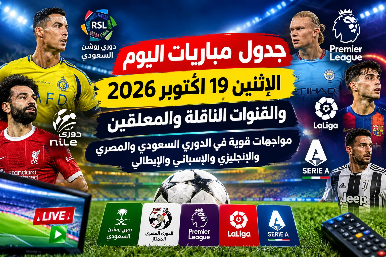 جدول مباريات اليوم الإثنين 19 أكتوبر 2026 والقنوات الناقلة والمعلقين.. مواجهات قوية في الدوري السعودي والمصري والإنجليزي والإسباني والإيطالي