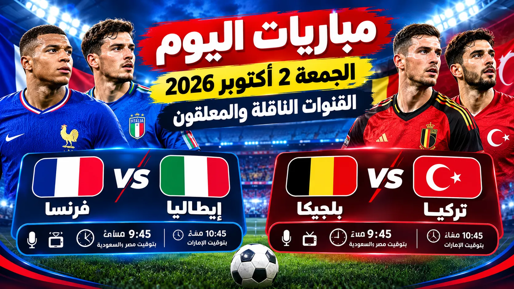 جدول مباريات اليوم الجمعة 2 أكتوبر 2026 والقنوات الناقلة والمعلقين.. موعد مباراة فرنسا وإيطاليا وبلجيكا وتركيا وأبرز المواجهات الدولية