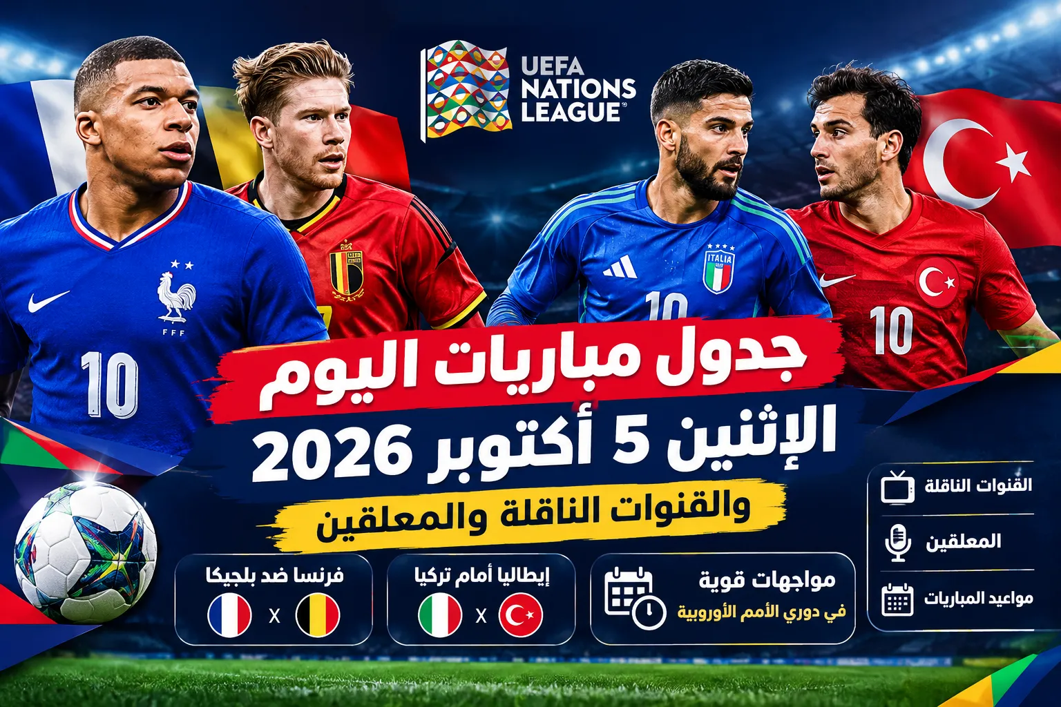 جدول مباريات اليوم الإثنين 5 أكتوبر 2026 والقنوات الناقلة والمعلقين.. فرنسا ضد بلجيكا وإيطاليا أمام تركيا ومواجهات قوية في دوري الأمم الأوروبية