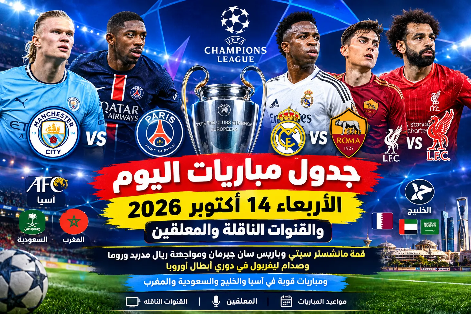 جدول مباريات اليوم الأربعاء 14 أكتوبر 2026 والقنوات الناقلة والمعلقين.. قمة مانشستر سيتي وباريس سان جيرمان ومواجهة ريال مدريد وروما وصدام ليفربول في دوري أبطال أوروبا ومباريات قوية في آسيا والخليج والسعودية والمغرب