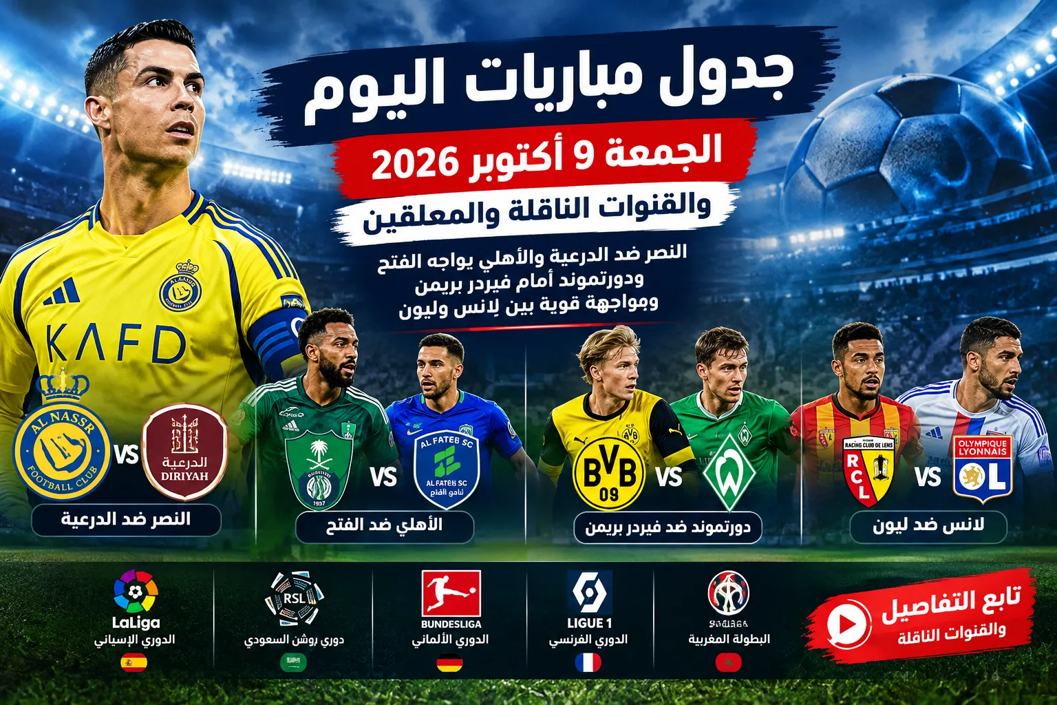 جدول مباريات اليوم الجمعة 9 أكتوبر 2026 والقنوات الناقلة والمعلقين.. النصر ضد الدرعية والأهلي يواجه الفتح ودورتموند أمام فيردر بريمن ومواجهة قوية بين لانس وليون