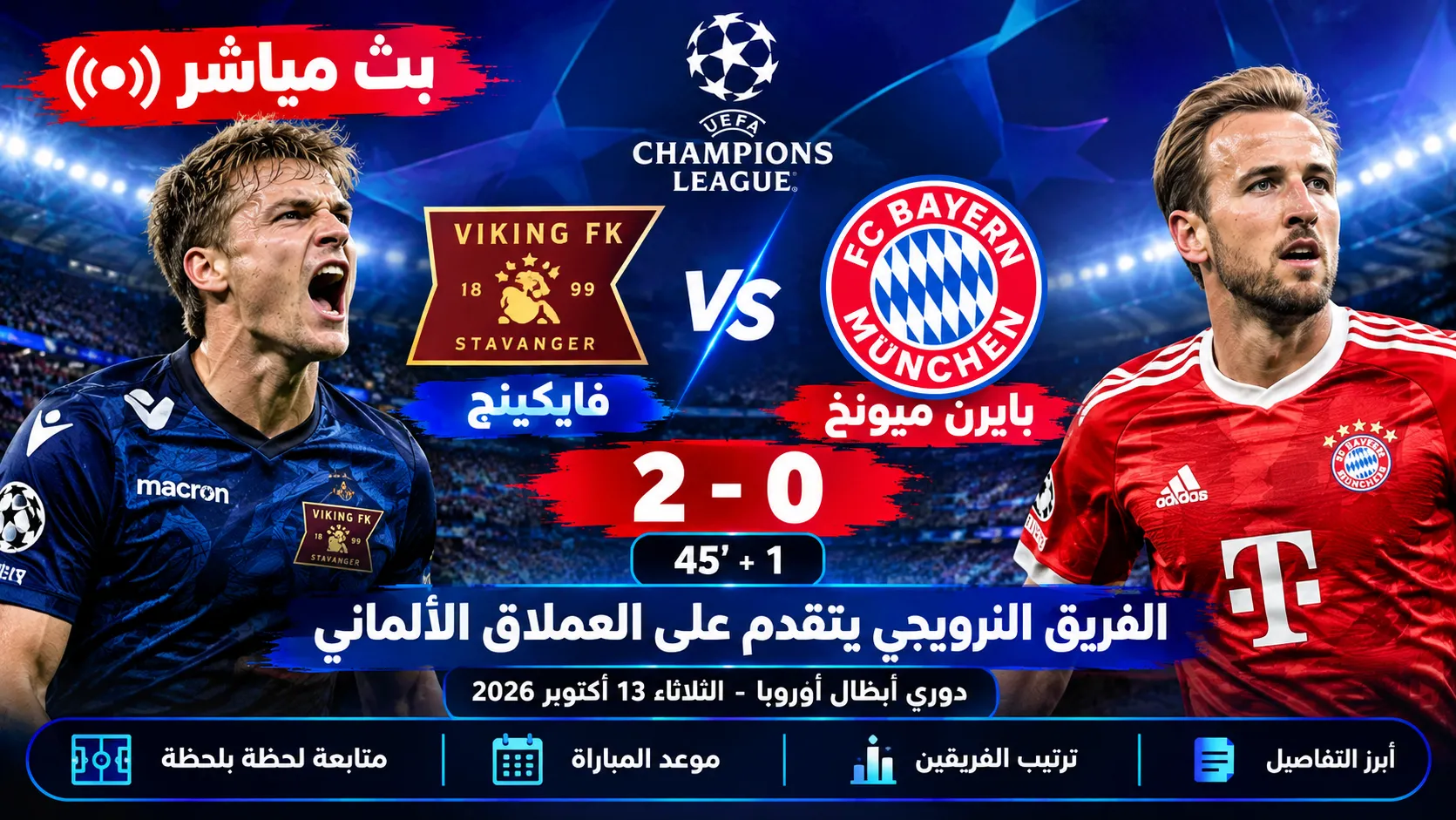 بث مباشر مباراة فايكينج ضد بايرن ميونخ اليوم الثلاثاء 13 أكتوبر 2026 في دوري أبطال أوروبا.. الفريق النرويجي يتقدم 2-0 ويصدم العملاق الألماني قبل نهاية الشوط الأول وأبرز أحداث اللقاء لحظة بلحظة